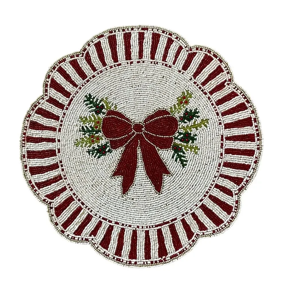 Tahari Set of 2 Bow Beaded Placemats 15in Round Red White Christmas Holiday New